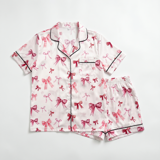 Short-Sleeved Women's Pajama Set in Pink Coquette Bow
