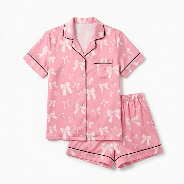 Short-Sleeved Women's Pajama Set in Pink Coquette Bow