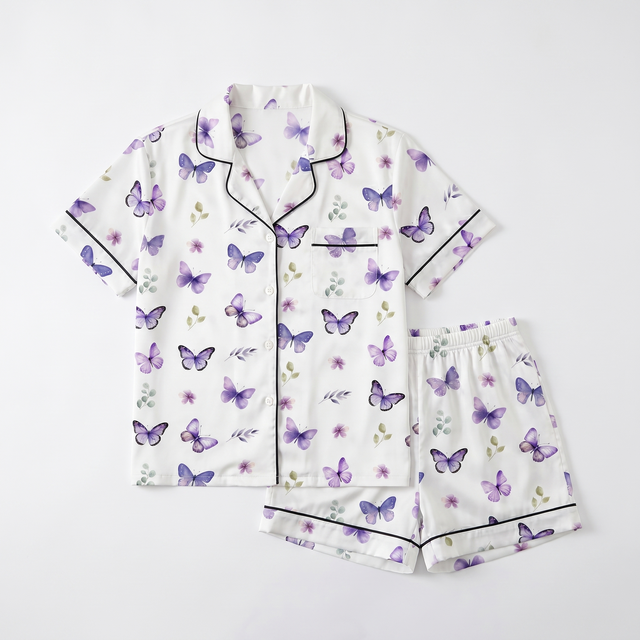 Short-Sleeved Women's Pajama Set in Purple Butterfly