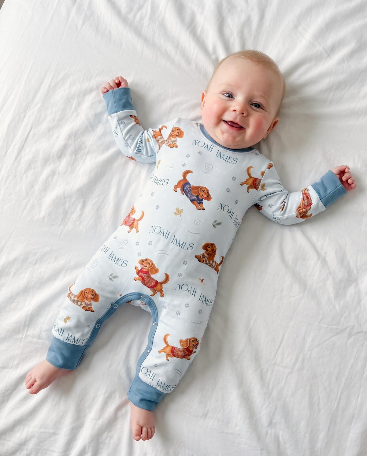 Personalized Long-sleeved Snap Romper in Winter Wag